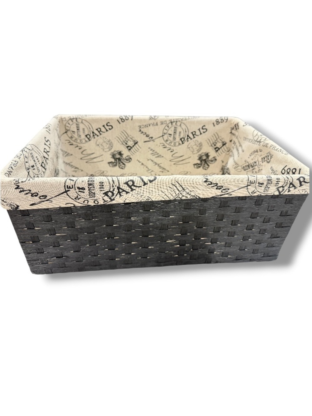 Vintage Paris Print Lined Woven Storage Black Wicker Home Basket Shabby Chic